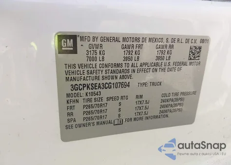 2012 Chevrolet Silverado 1500 Lt z USA, uszkodzony, nr VIN 3GCPKSEA3CG107694